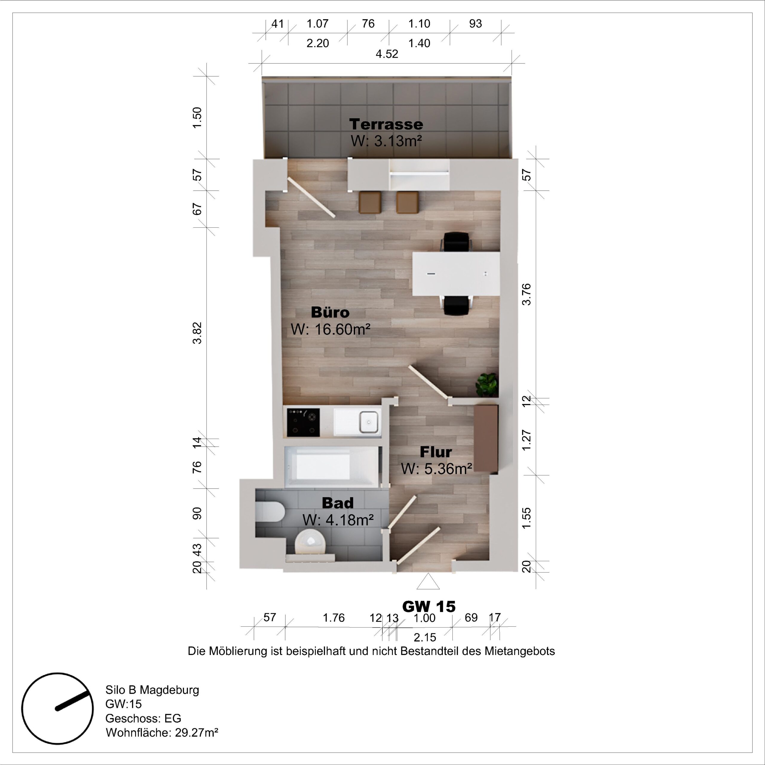 Grundriss eines Büros mit Terrasse und Bad.
