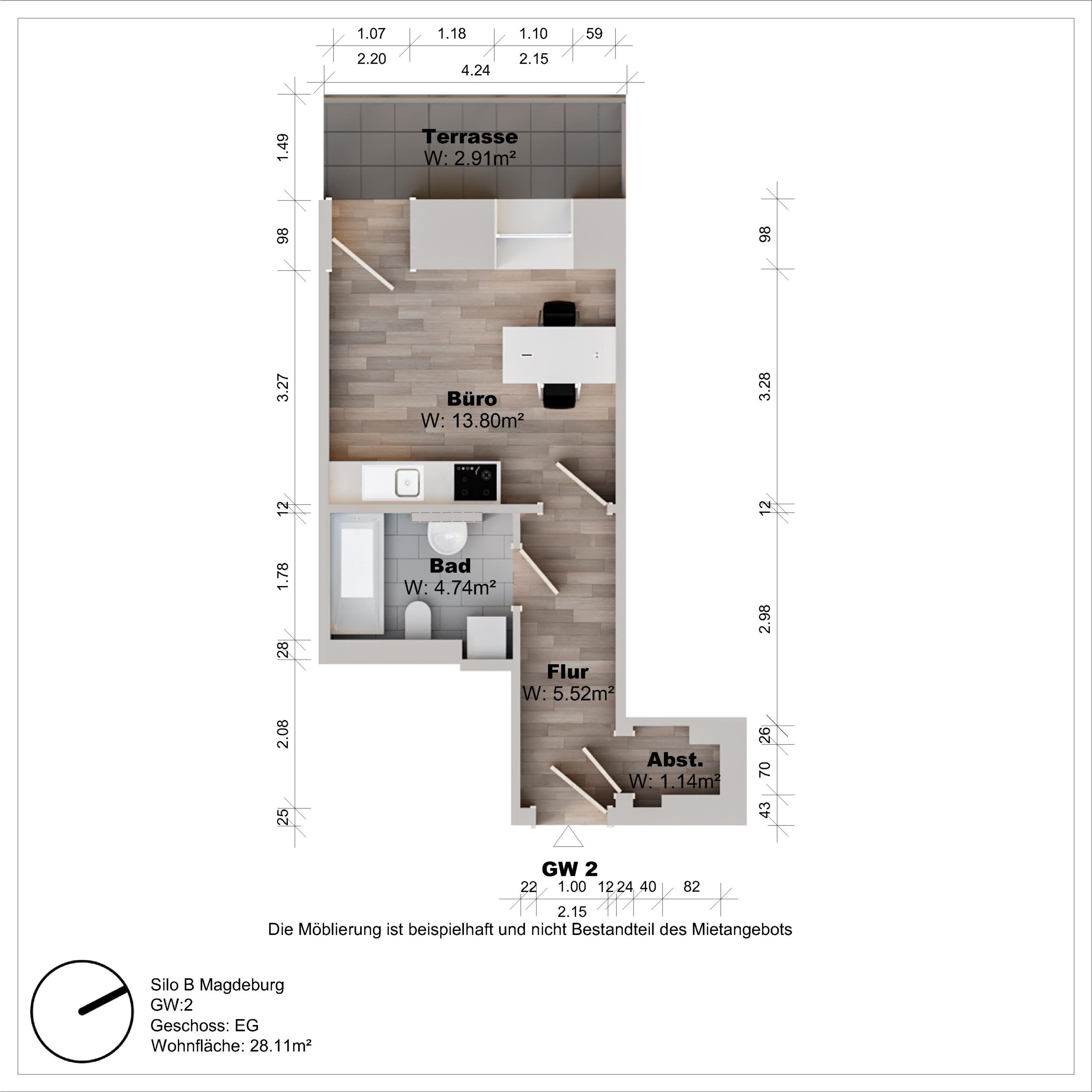 Grundriss einer Wohnung mit Büro und Terrasse.