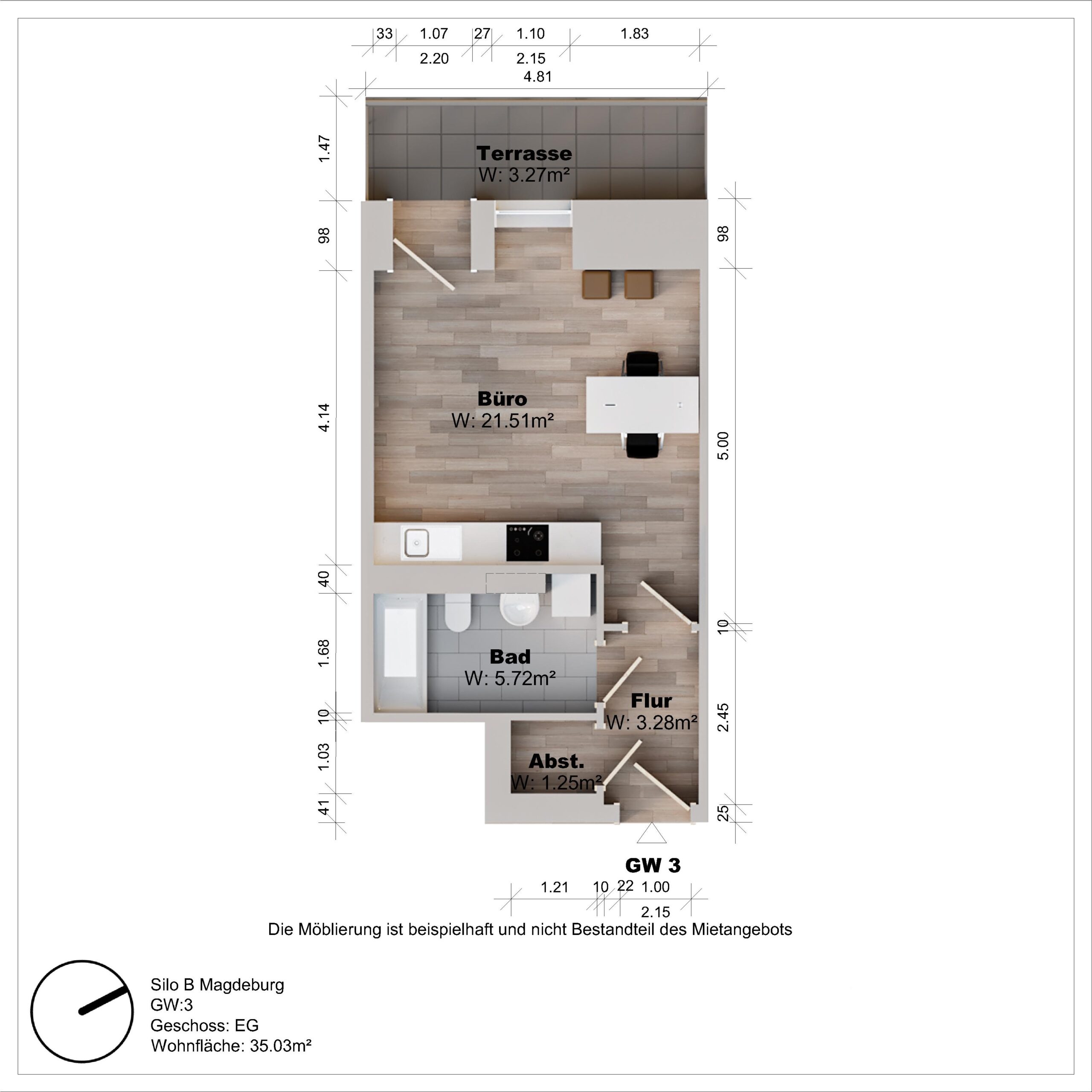 Grundriss eines Apartments mit Terrasse und Büro.