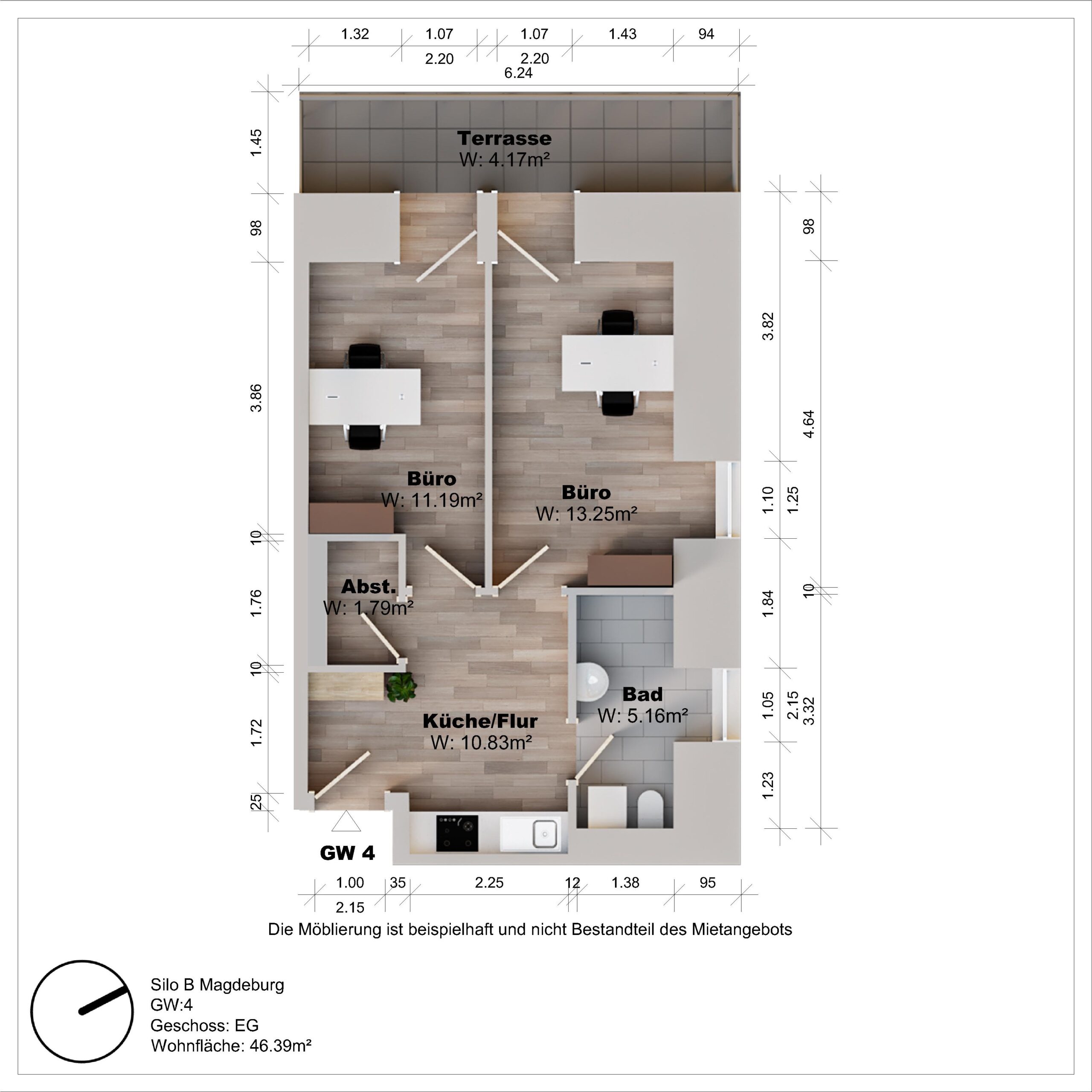 Grundriss eines Büros mit Terrasse und Bad.