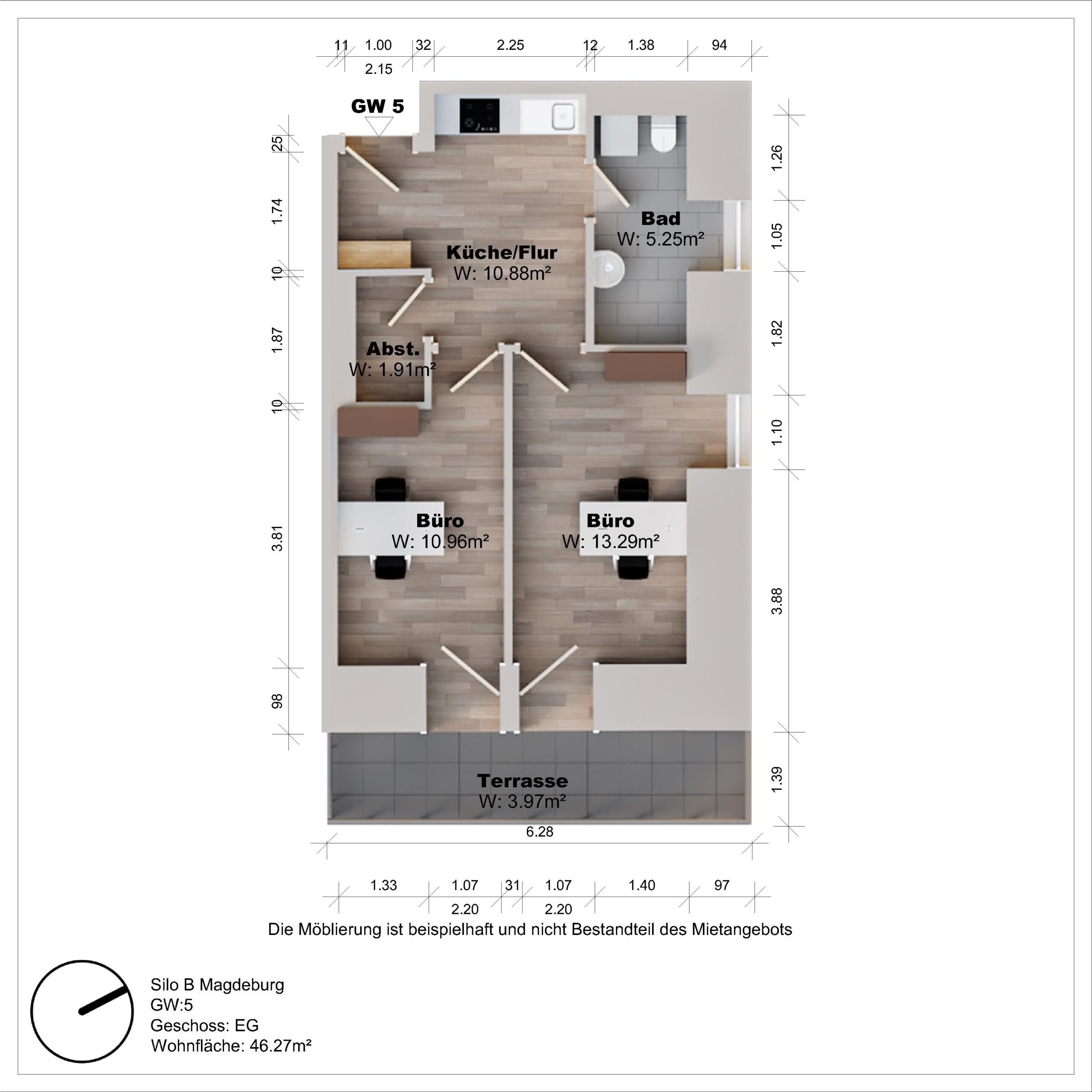 Grundriss einer Wohnung mit Küche, Bad, Büros, Terrasse.