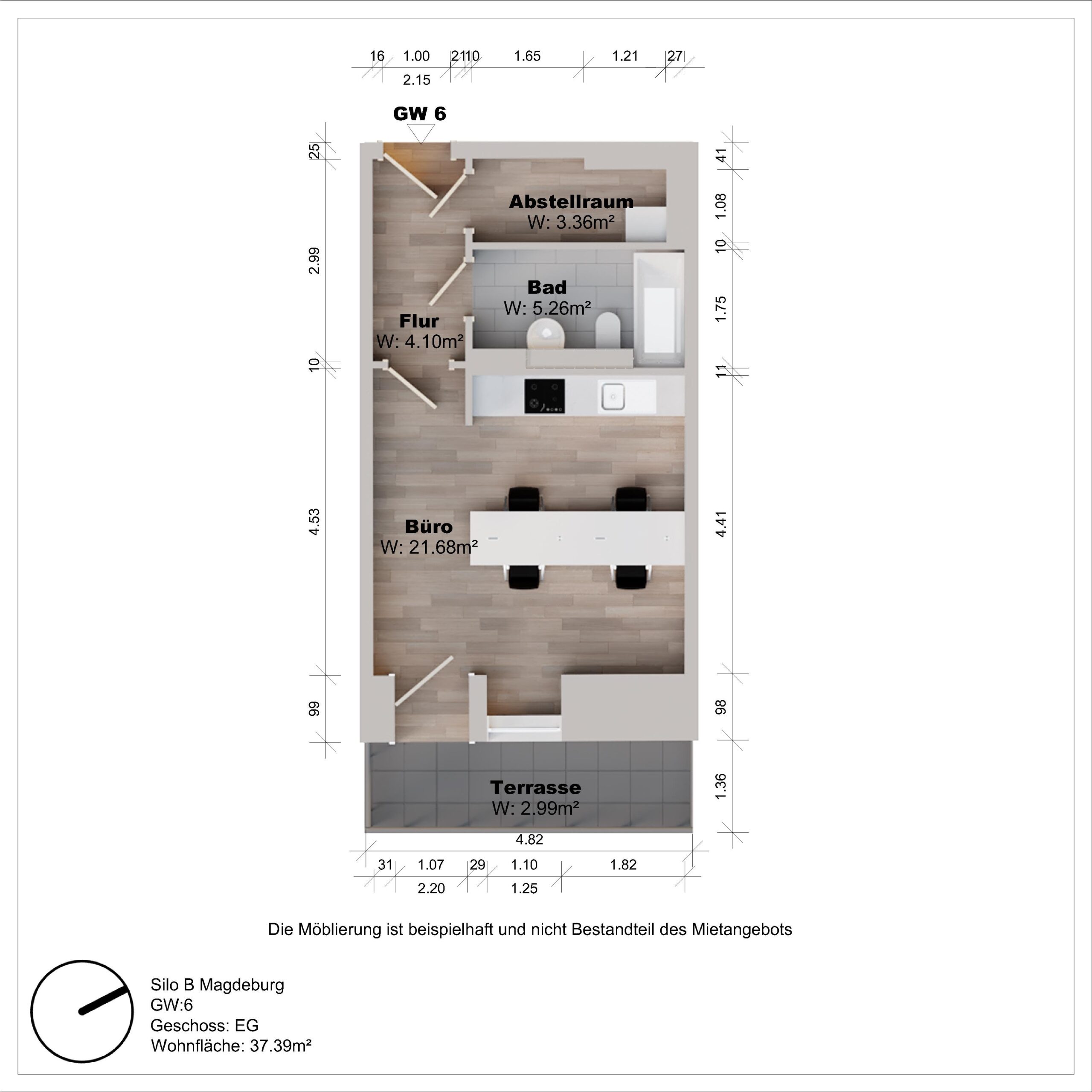 Grundriss eines Büros mit Bad und Terrasse.
