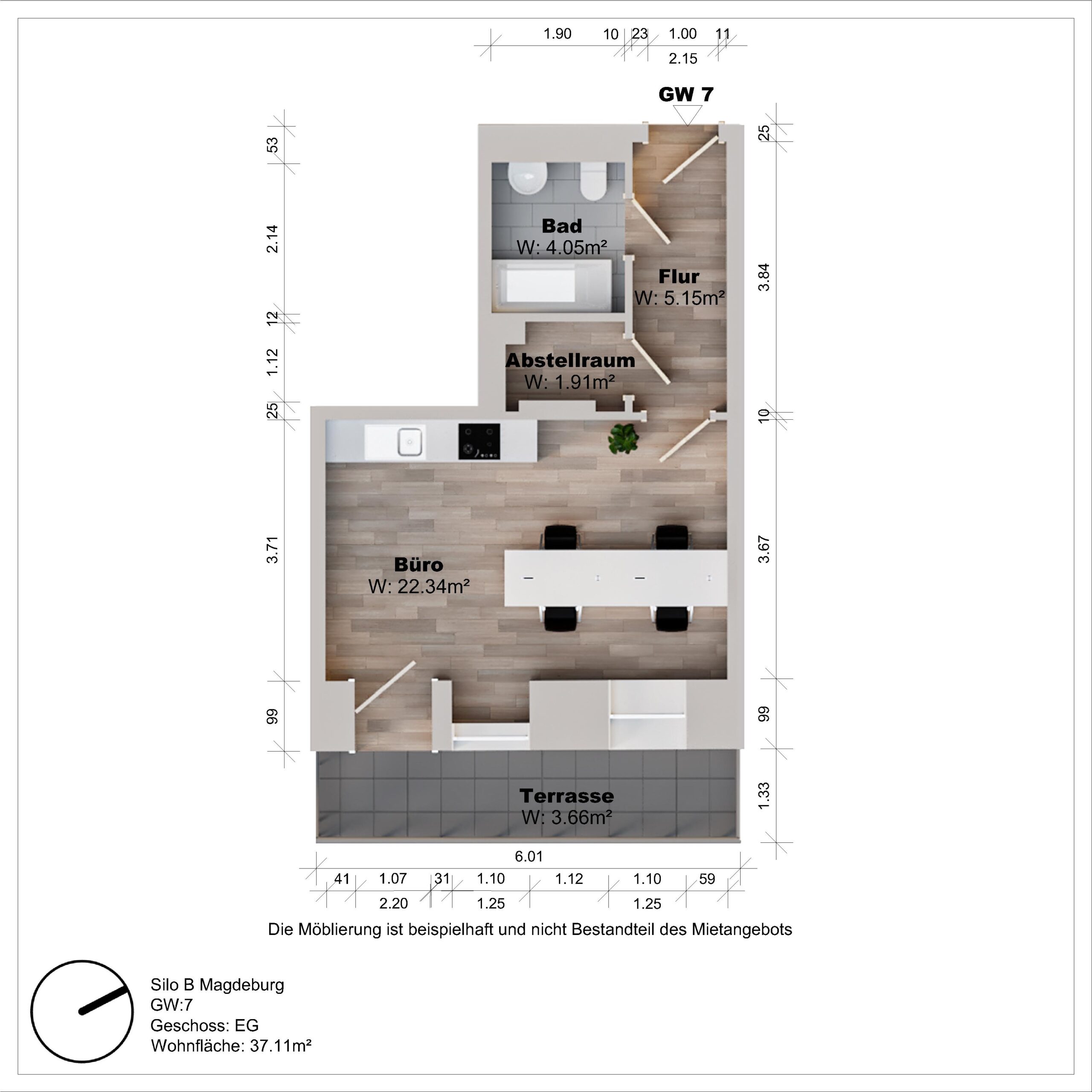 Grundriss eines Büros mit Terrasse und Bad.