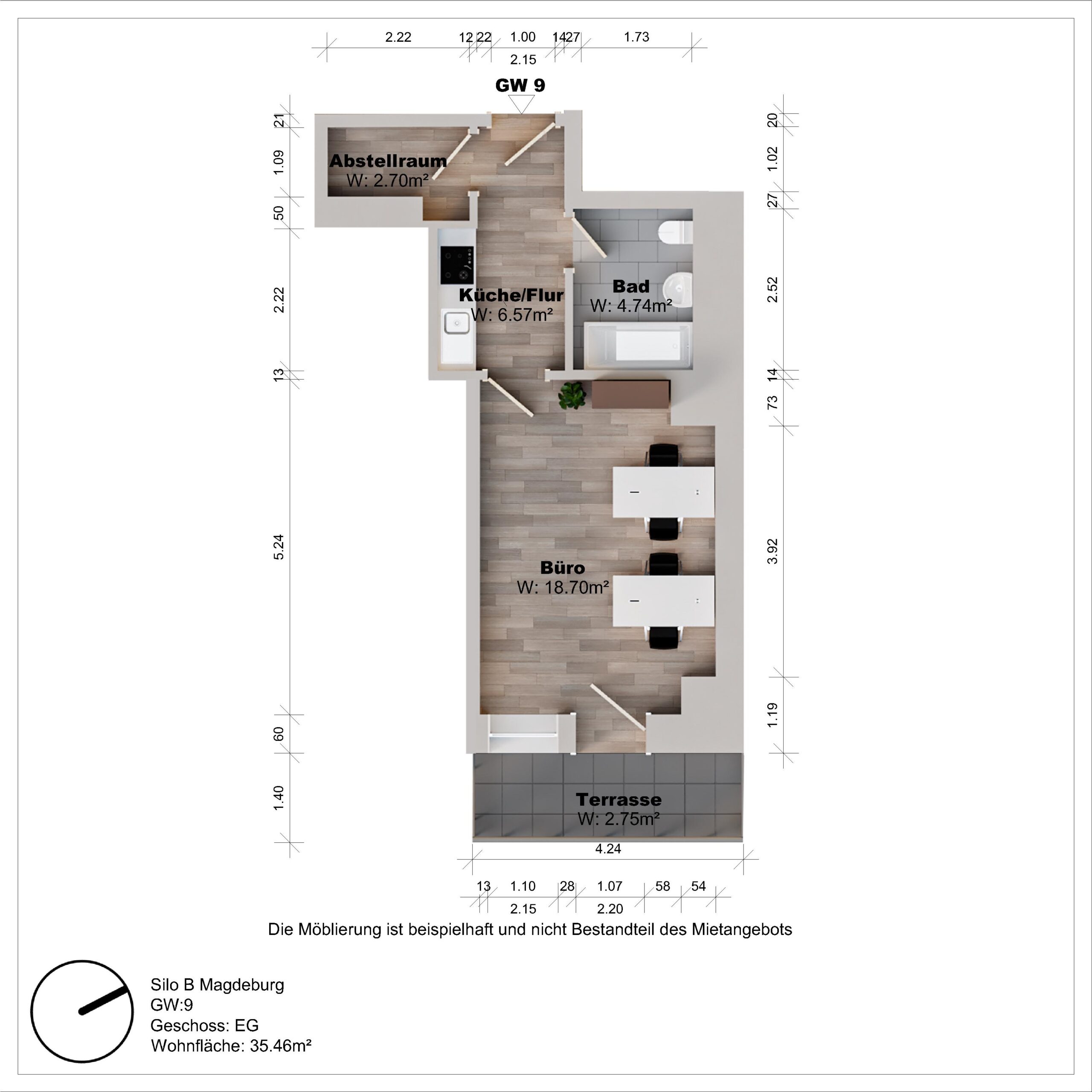 Grundriss eines Büros mit Terrasse und Abstellraum.