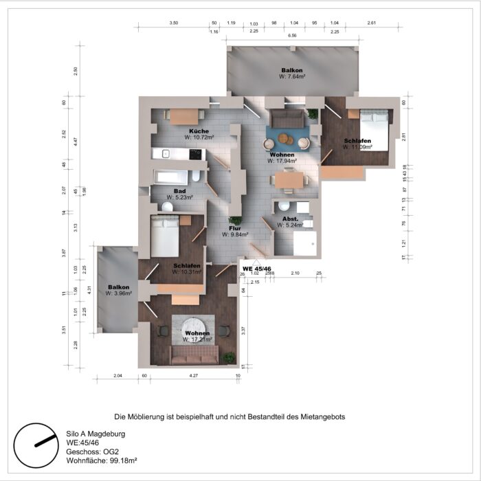 Grundriss einer Wohnung mit zwei Balkonen und Zimmern.