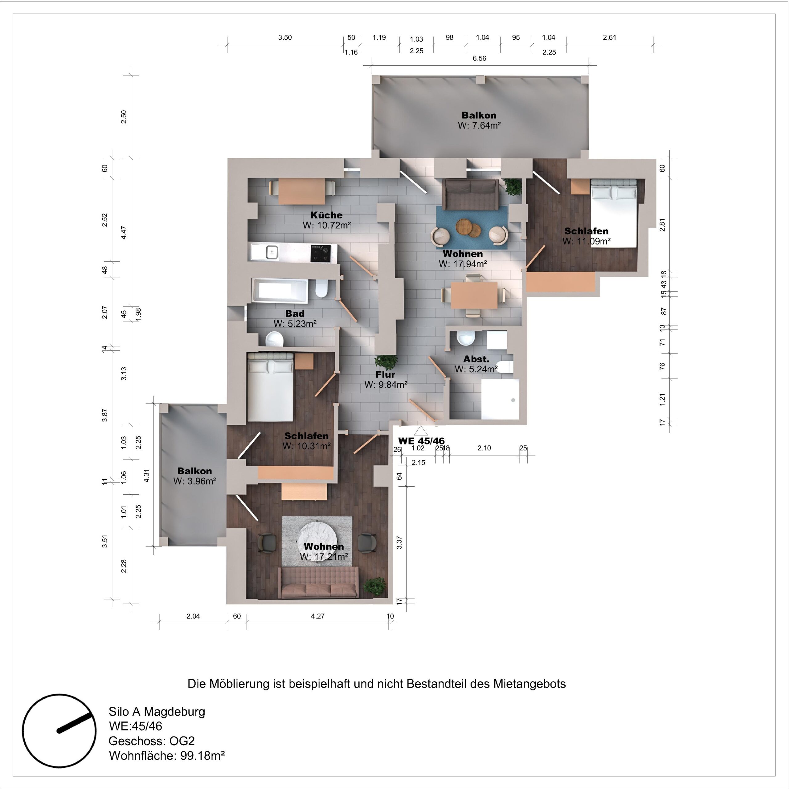 Grundriss einer Wohnung mit zwei Balkonen und Zimmern.