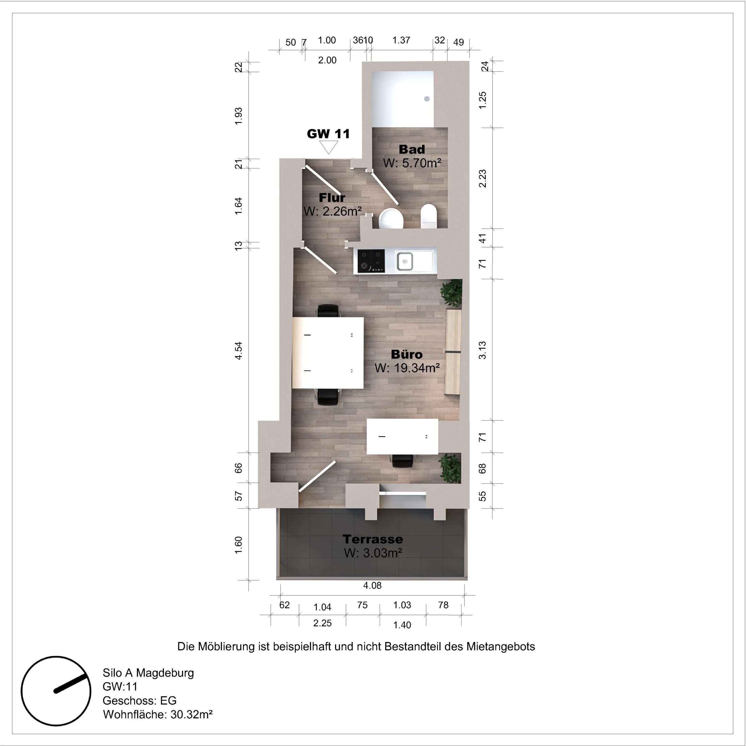 Grundriss eines Büros mit Terrasse und Bad.
