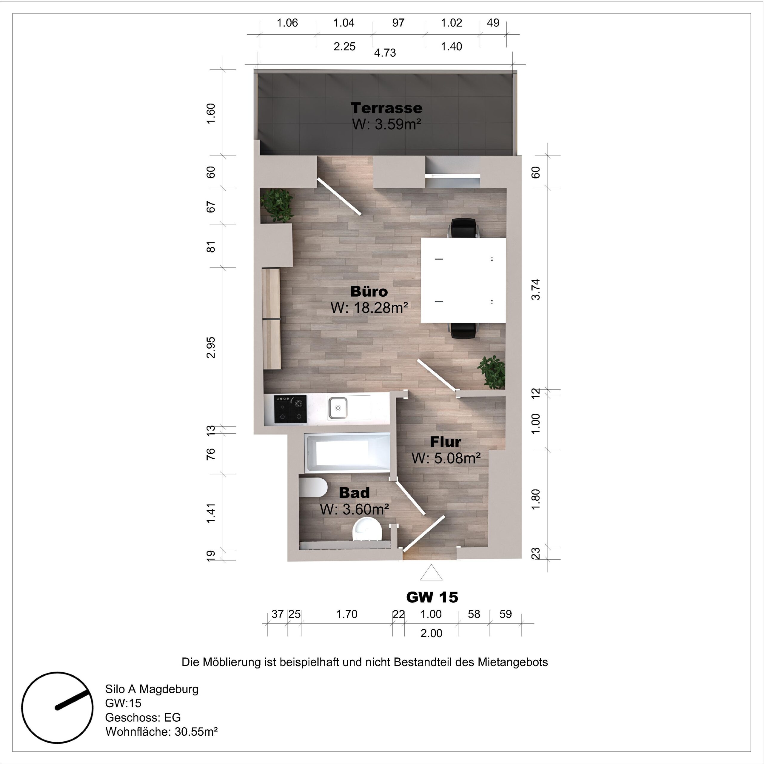 Grundriss eines Büros mit Terrasse und Bad.