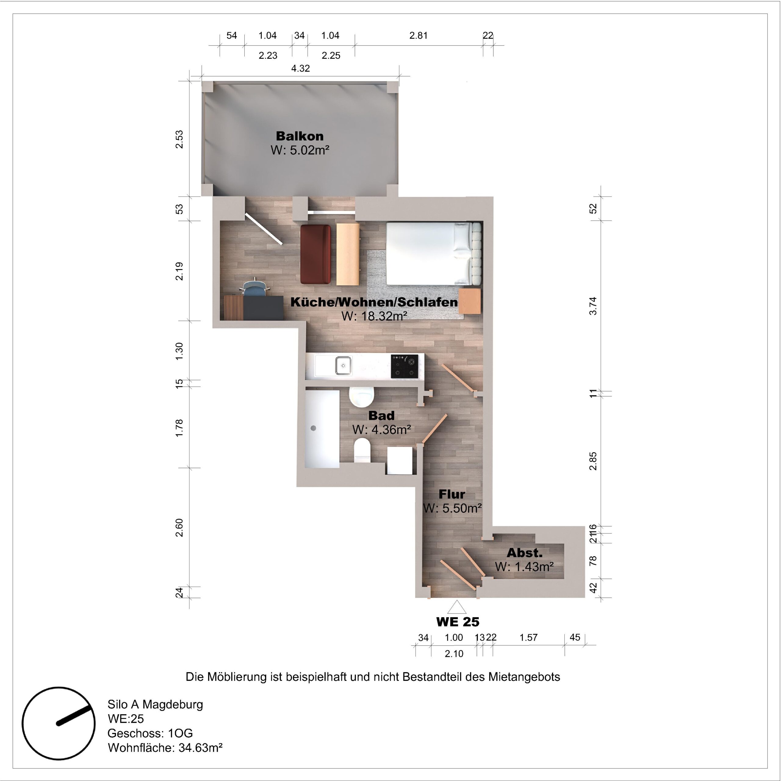 Grundriss einer Einzimmerwohnung mit Balkon und Bad.