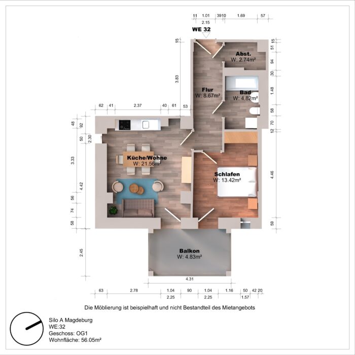 Grundriss einer Wohnung mit Balkon und Zimmern.