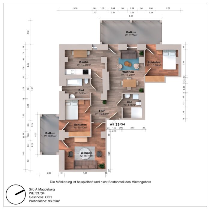 Grundriss einer Wohnung mit zwei Balkonen und Zimmern.