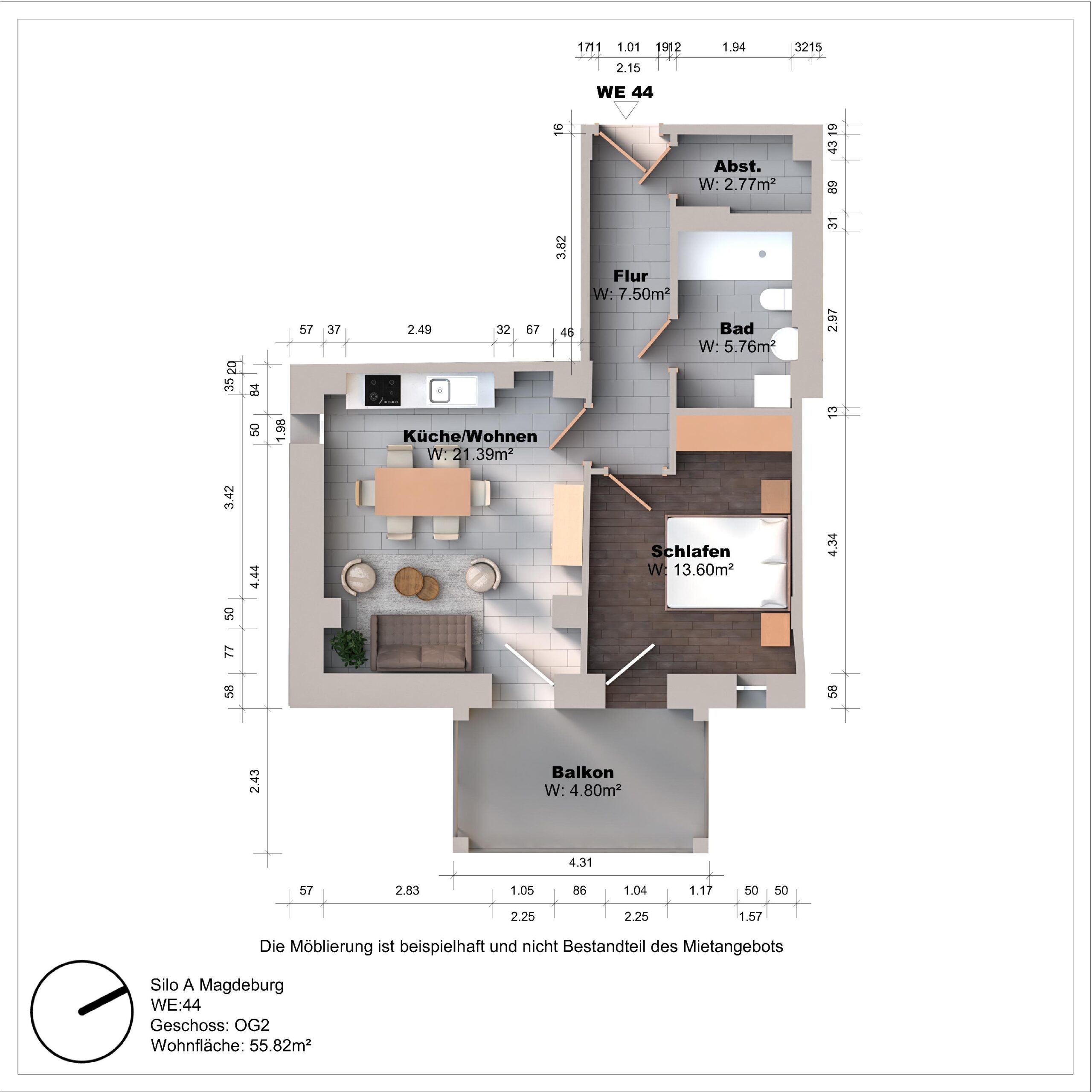 Grundriss einer Wohnung mit Balkon und Zimmeraufteilung.