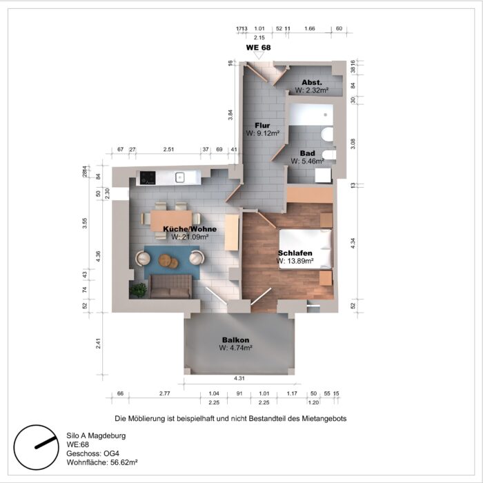 Grundriss einer Wohnung mit Balkon und Zimmeraufteilung.