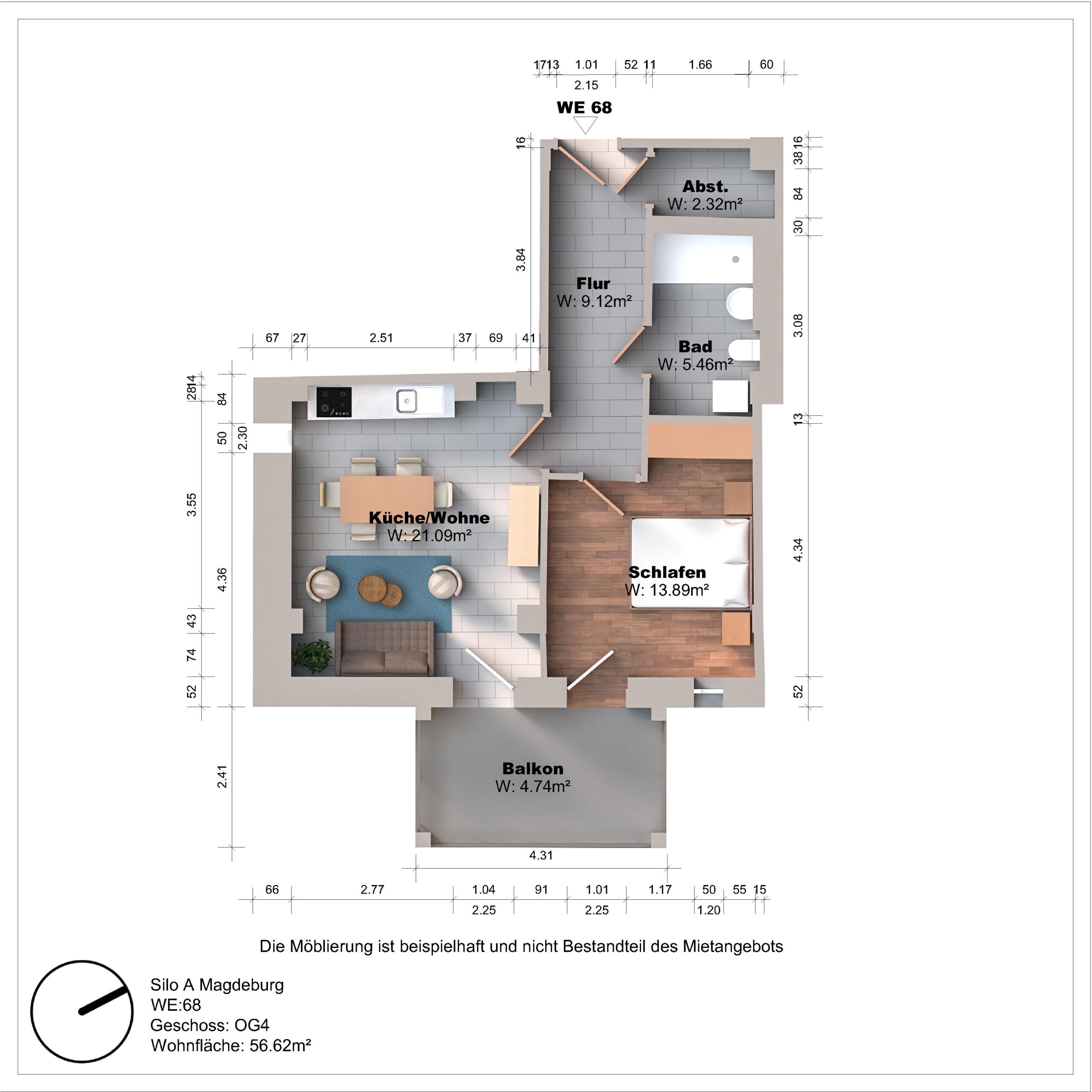 Grundriss einer Wohnung mit Balkon und Zimmeraufteilung.