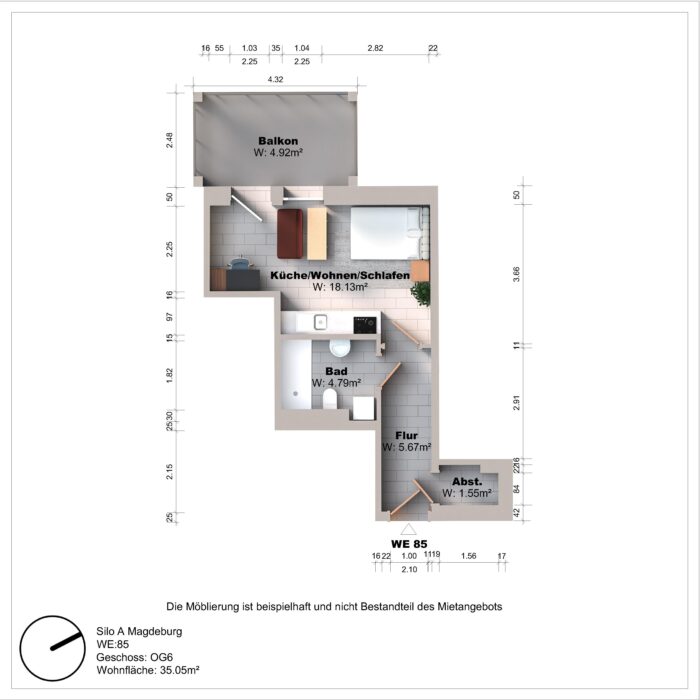 Grundriss einer Wohnung mit Balkon und Räumen.