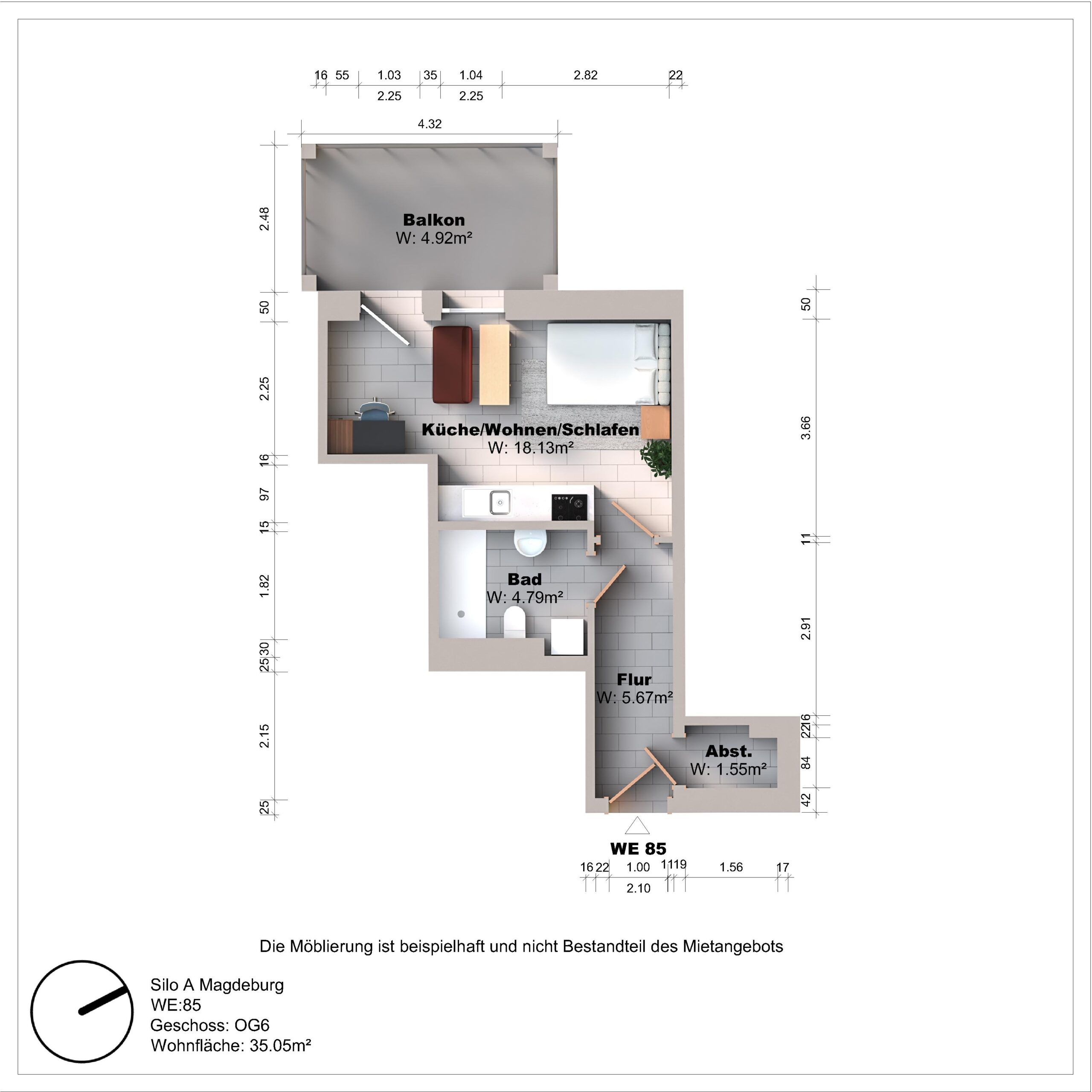 Grundriss einer Wohnung mit Balkon und Räumen.