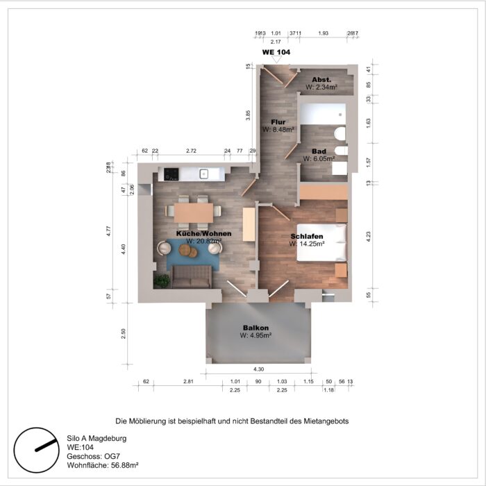 Grundriss einer Wohnung mit Balkon und Zimmeraufteilung.