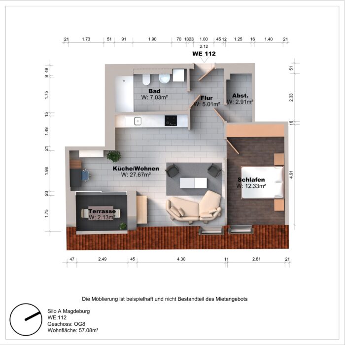 Grundriss einer Wohnung mit Terrasse und Möblierung.