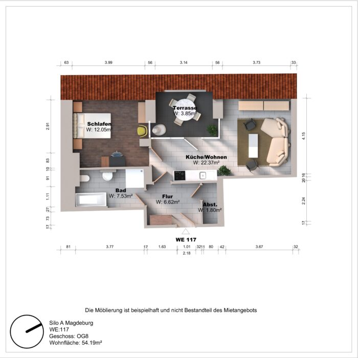 Grundriss einer Wohnung mit Terrasse und Möbeln.