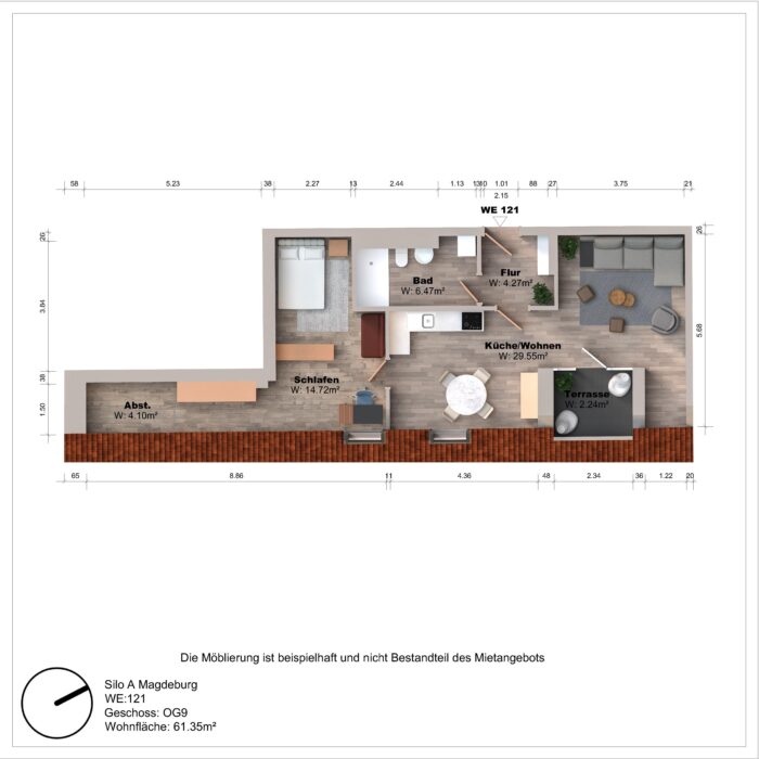 Grundriss einer Wohnung mit Schlafzimmer, Bad und Terrasse.