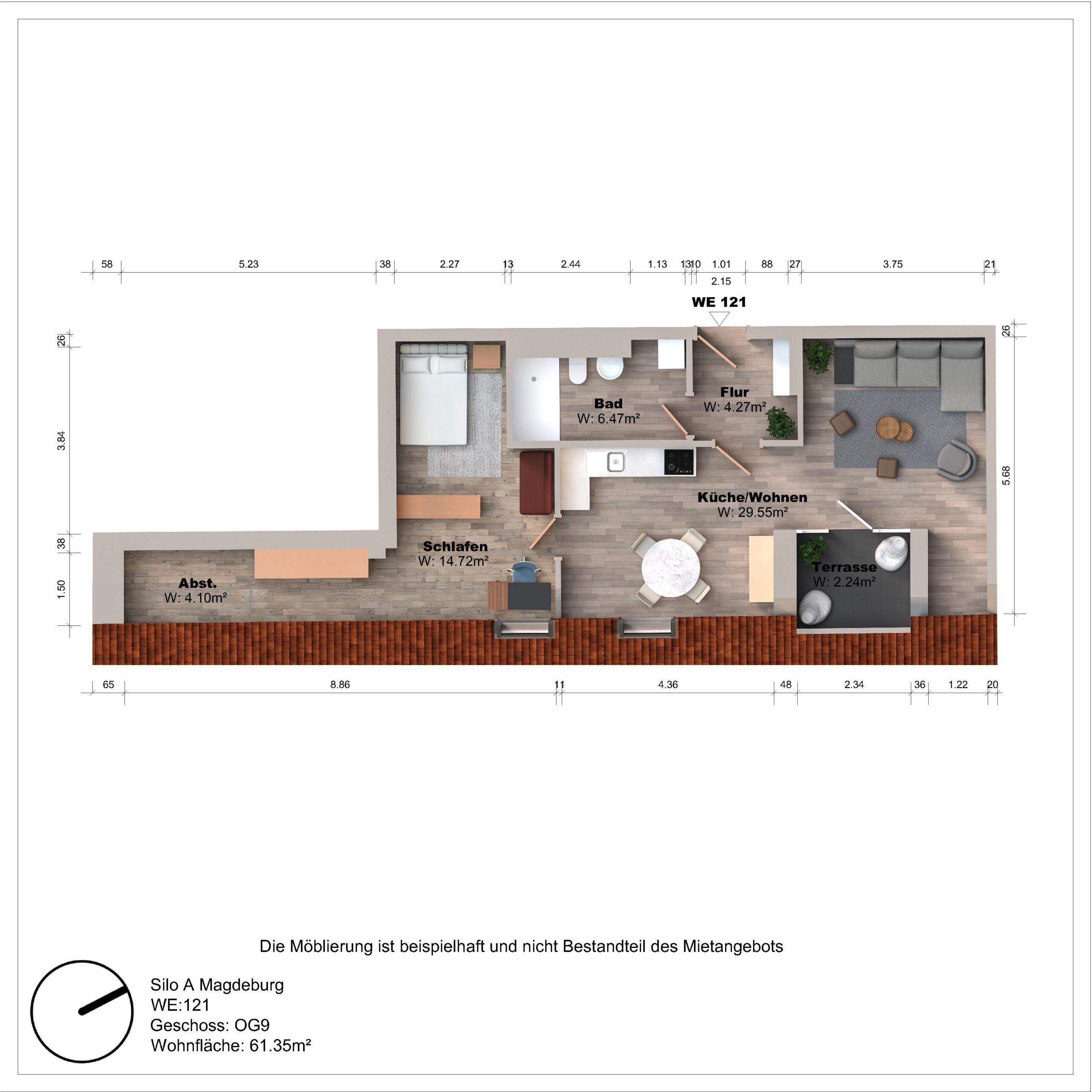 Grundriss einer Wohnung mit Schlafzimmer, Bad und Terrasse.
