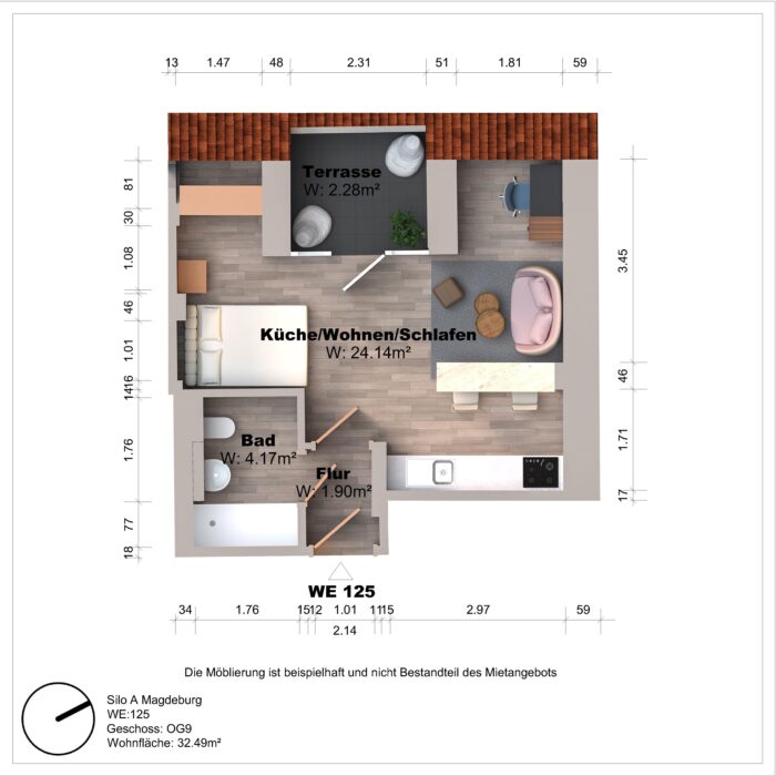 Grundriss einer Wohnung mit Terrasse und Möbeln.
