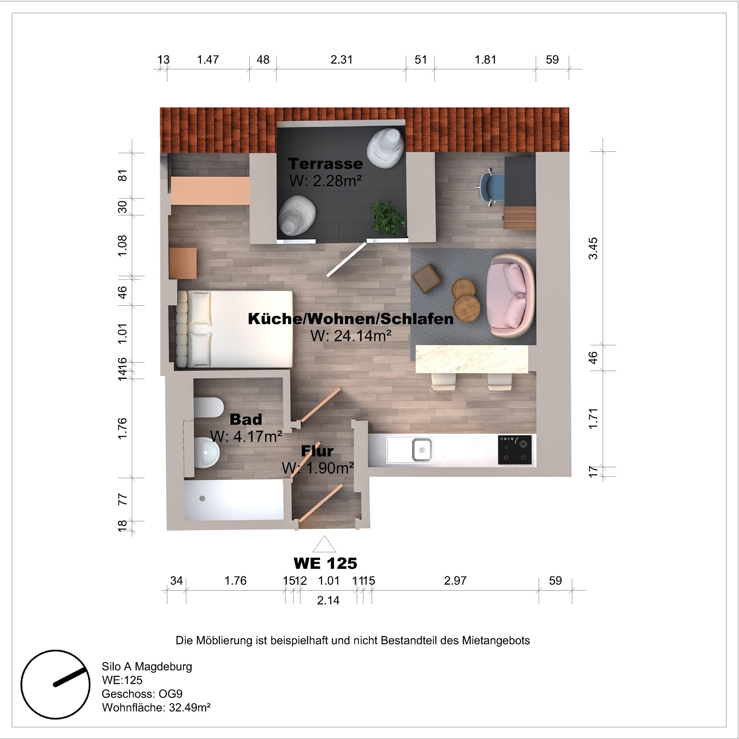 Grundriss einer Wohnung mit Terrasse und Möbeln.