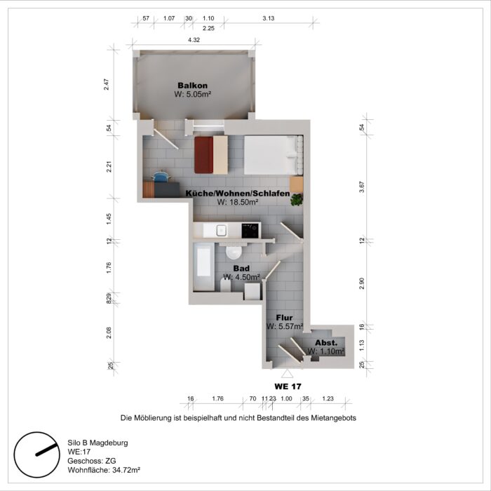 Grundriss einer Wohnung mit Balkon und Zimmeraufteilung.